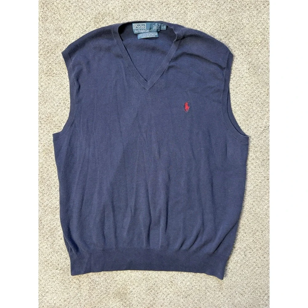 Polo‎ Ralph Lauren Men's Large Pima Cotton Sweater Vest Navy Blue Golf